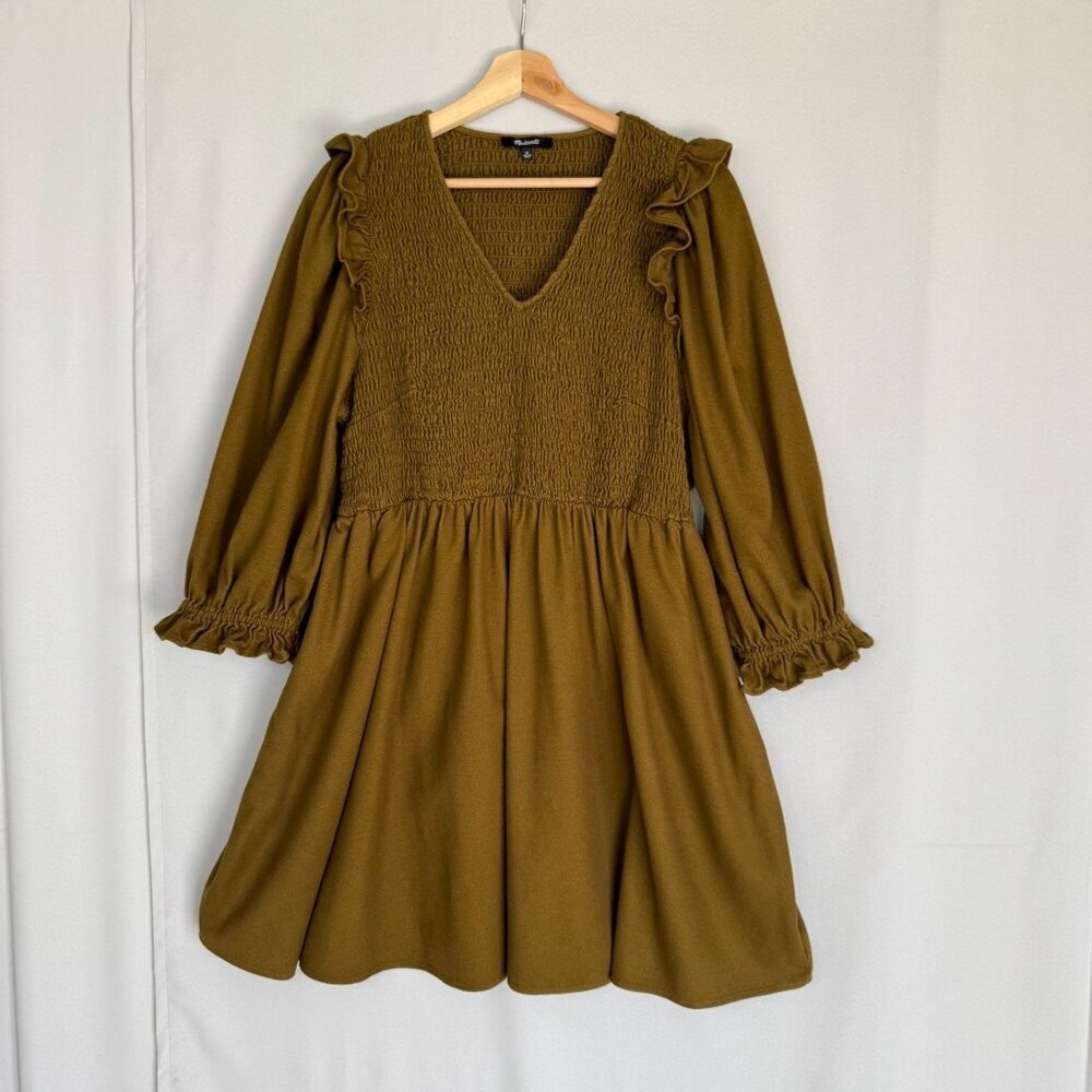 Madewell Flannel Lucie V Neck Smocked Bodice Mini Dress; Weathered Olive Size 1X